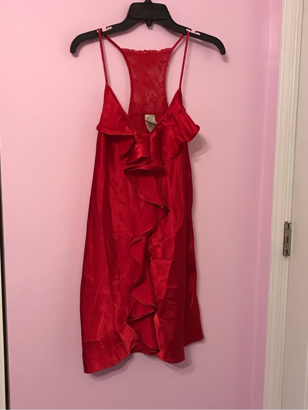 In Bloom By Jonquil Solid Sleeveless V-Neck Red Satin Lace Slip Dress Ruffled M